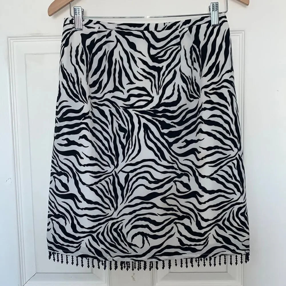 Vintage Katherine Kay Zebra Print Beaded Black White Skirt Size 12